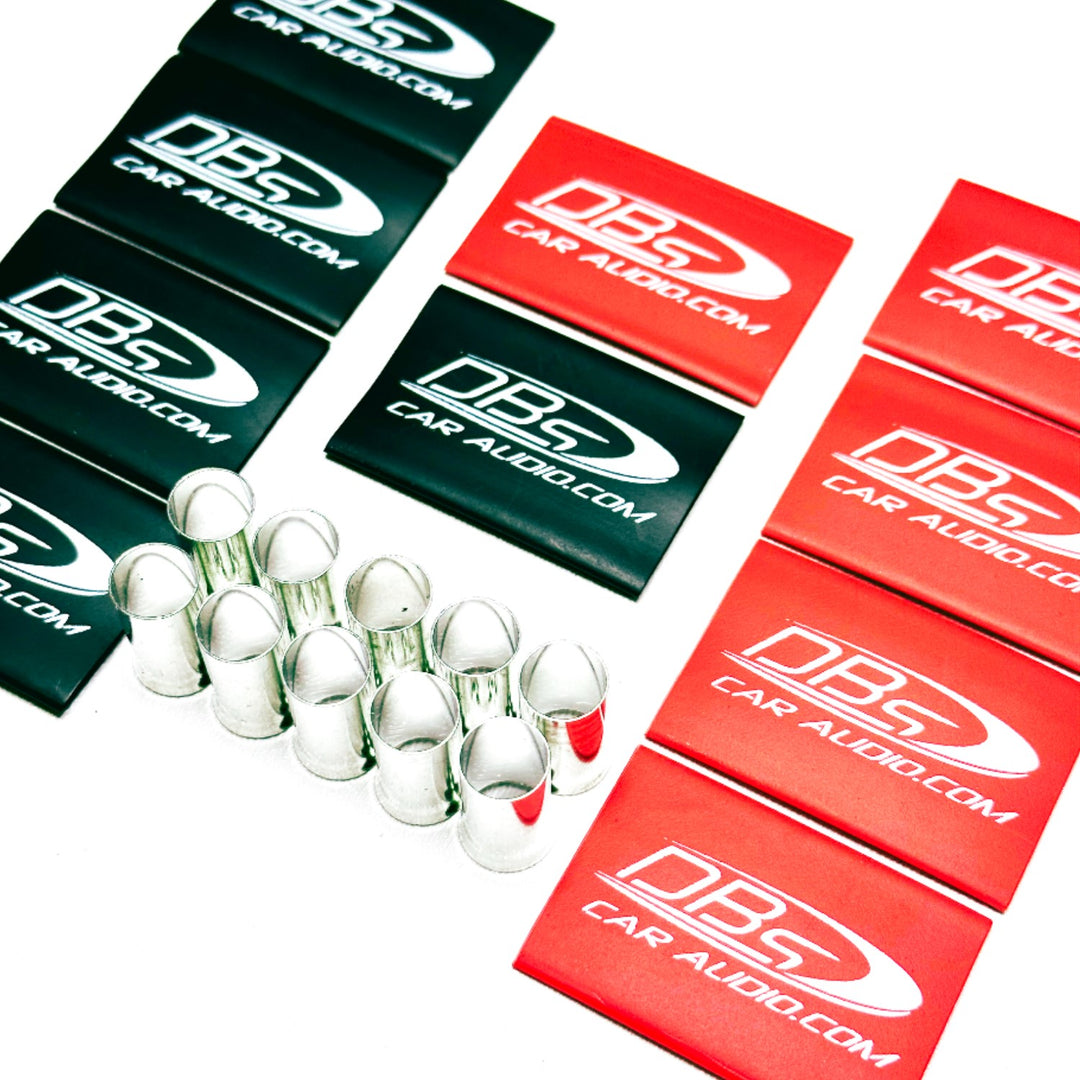 1/0 Gauge Tinned OFC Copper Wire Ferrules with DBs Car Audio Red & Black Heat Shrink - 20 Pieces