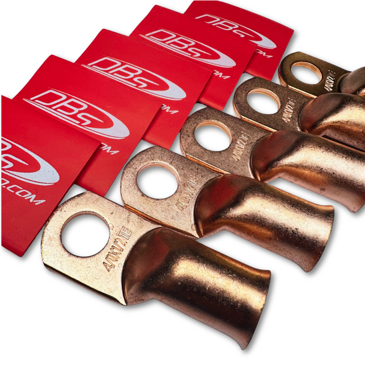 4/0 Gauge 100% OFC Copper Ring Terminal Lugs with 1/2" Hole - Red DBs Car Audio Heat Shrink - 10 Pieces