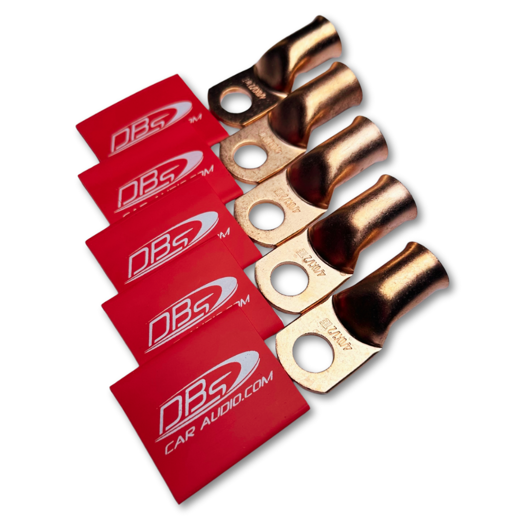 4/0 Gauge 100% OFC Copper Ring Terminal Lugs with 1/2" Hole - Red DBs Car Audio Heat Shrink - 10 Pieces