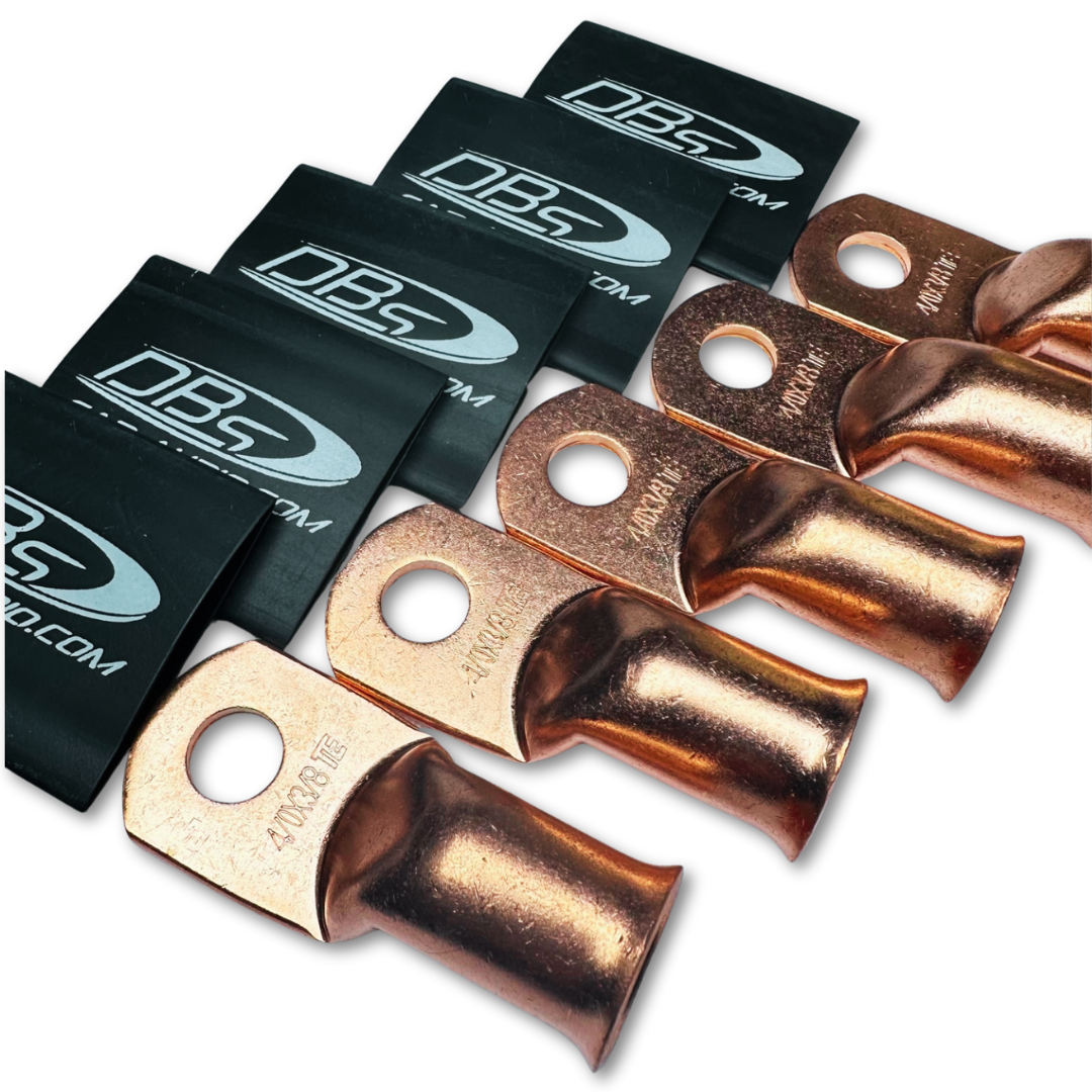 4/0 Gauge 100% OFC Copper Ring Terminal Lugs with 3/8" Hole - Black DBs Car Audio Heat Shrink - 10 Pieces
