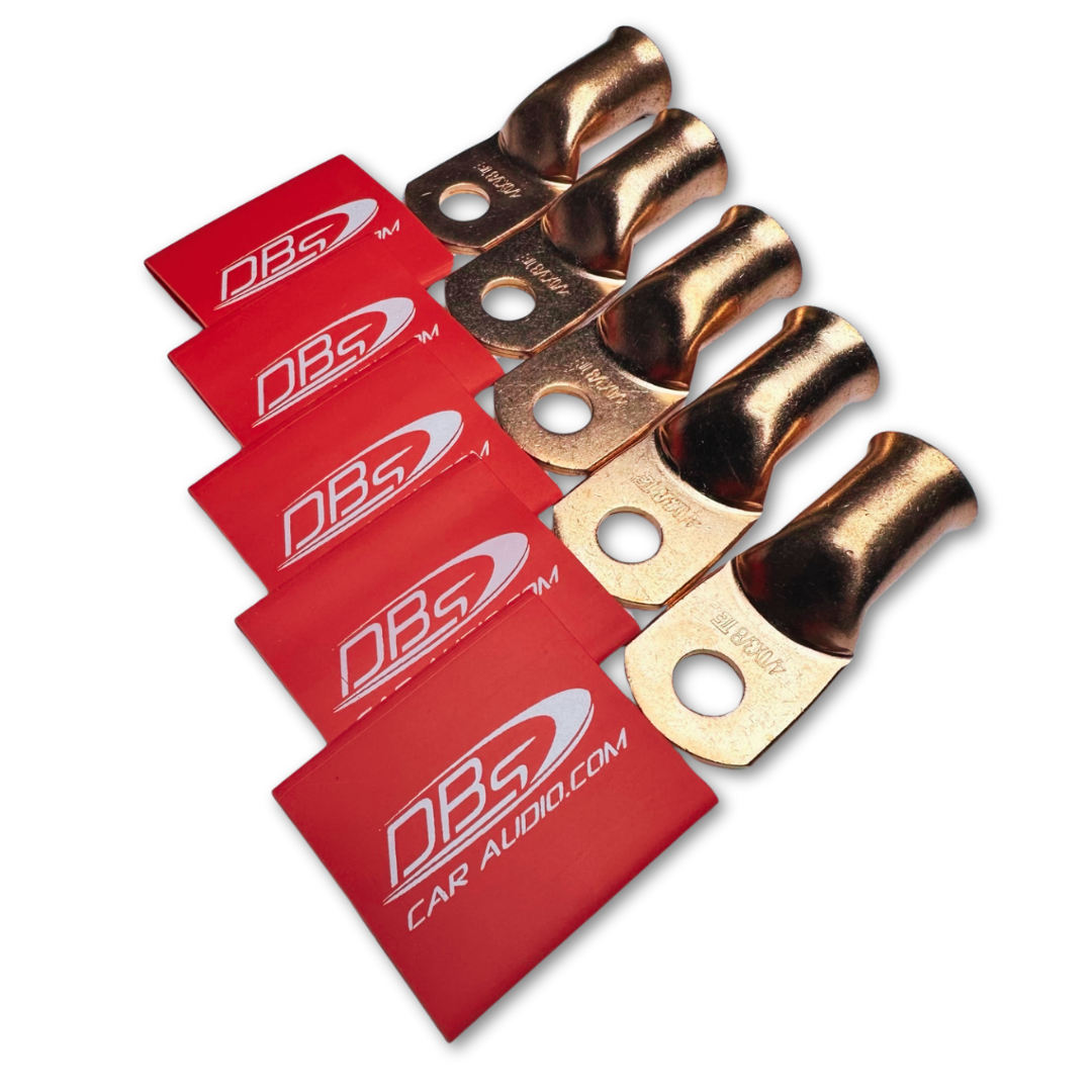 4/0 Gauge 100% OFC Copper Ring Terminal Lugs with 3/8" Hole - Red DBs Car Audio Heat Shrink - 10 Pieces