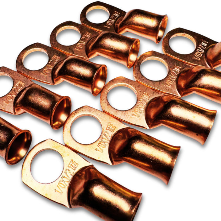 1/0 Gauge Copper Lug Ring Terminals with 1/2" Hole - 10 Pieces