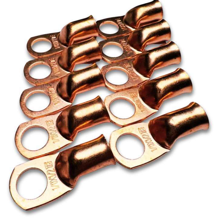 1/0 Gauge Copper Lug Ring Terminals with 1/2" Hole - 10 Pieces
