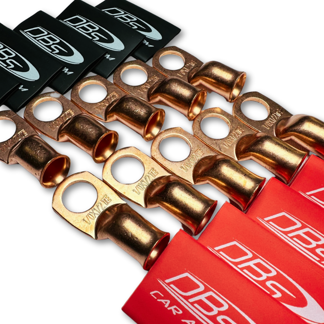 1/0 Gauge Copper Lug Ring Terminals with 1/2" Hole - DBs Red & Black Heat Shrink