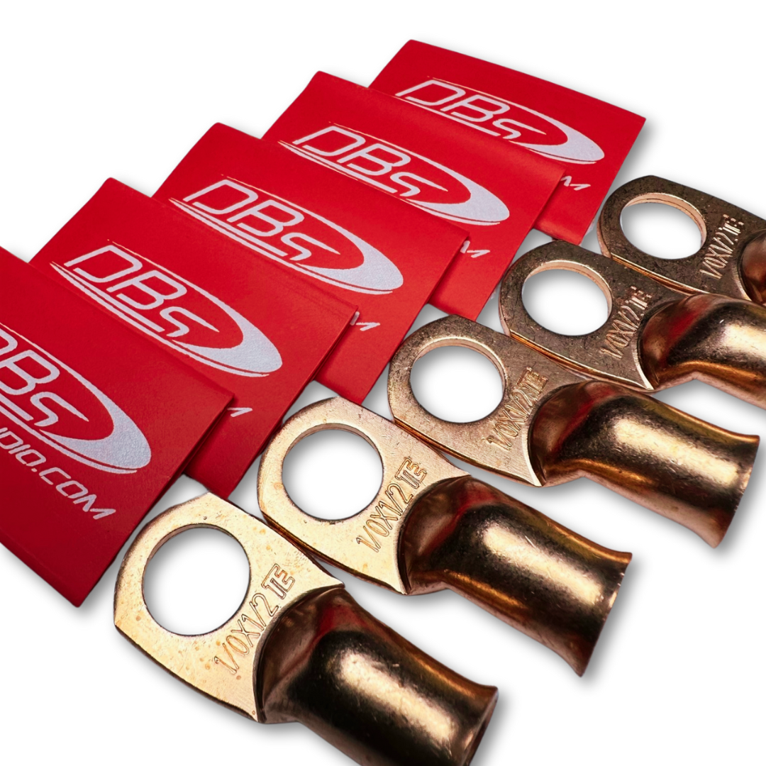 1/0 Gauge 100% OFC Copper Ring Terminal Lugs with 1/2" Hole - Red DBs Car Audio Heat Shrink - 10 Pieces