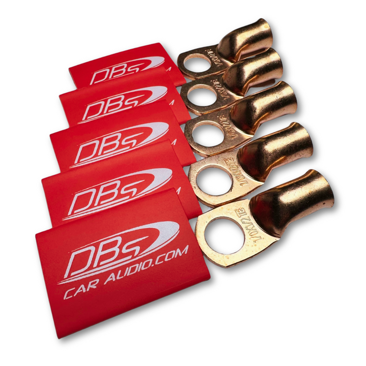 1/0 Gauge 100% OFC Copper Ring Terminal Lugs with 1/2" Hole - Red DBs Car Audio Heat Shrink - 10 Pieces