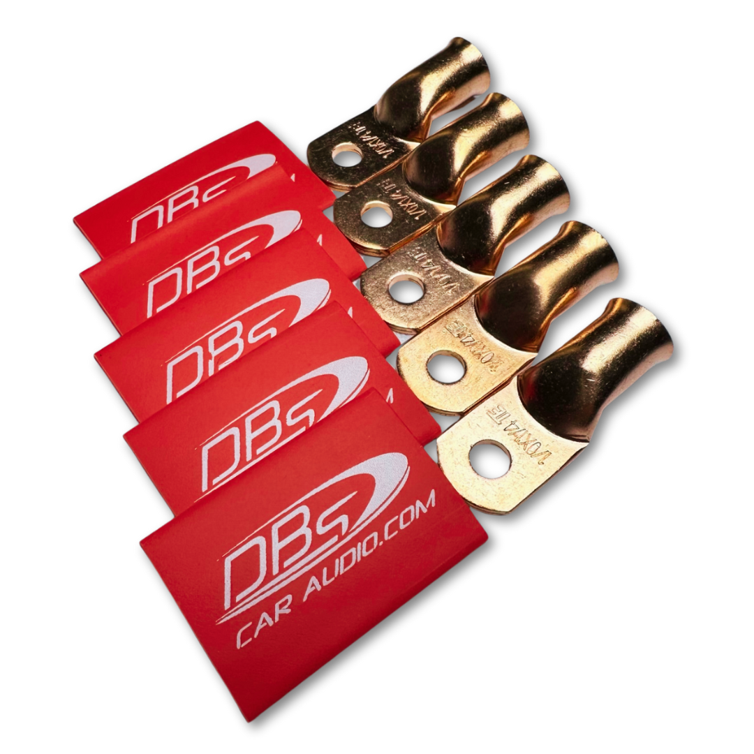 1/0 Gauge 100% OFC Copper Ring Terminal Lugs with 1/4" Hole - Red DBs Car Audio Heat Shrink - 10 Pieces