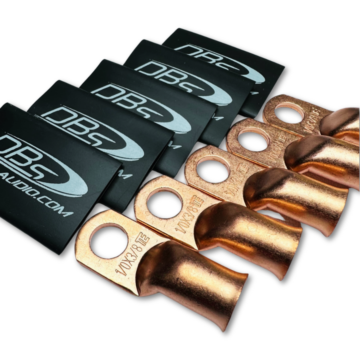 1/0 Gauge 100% OFC Copper Ring Terminal Lugs with 3/8" Hole - Black DBs Car Audio Heat Shrink - 10 Pieces