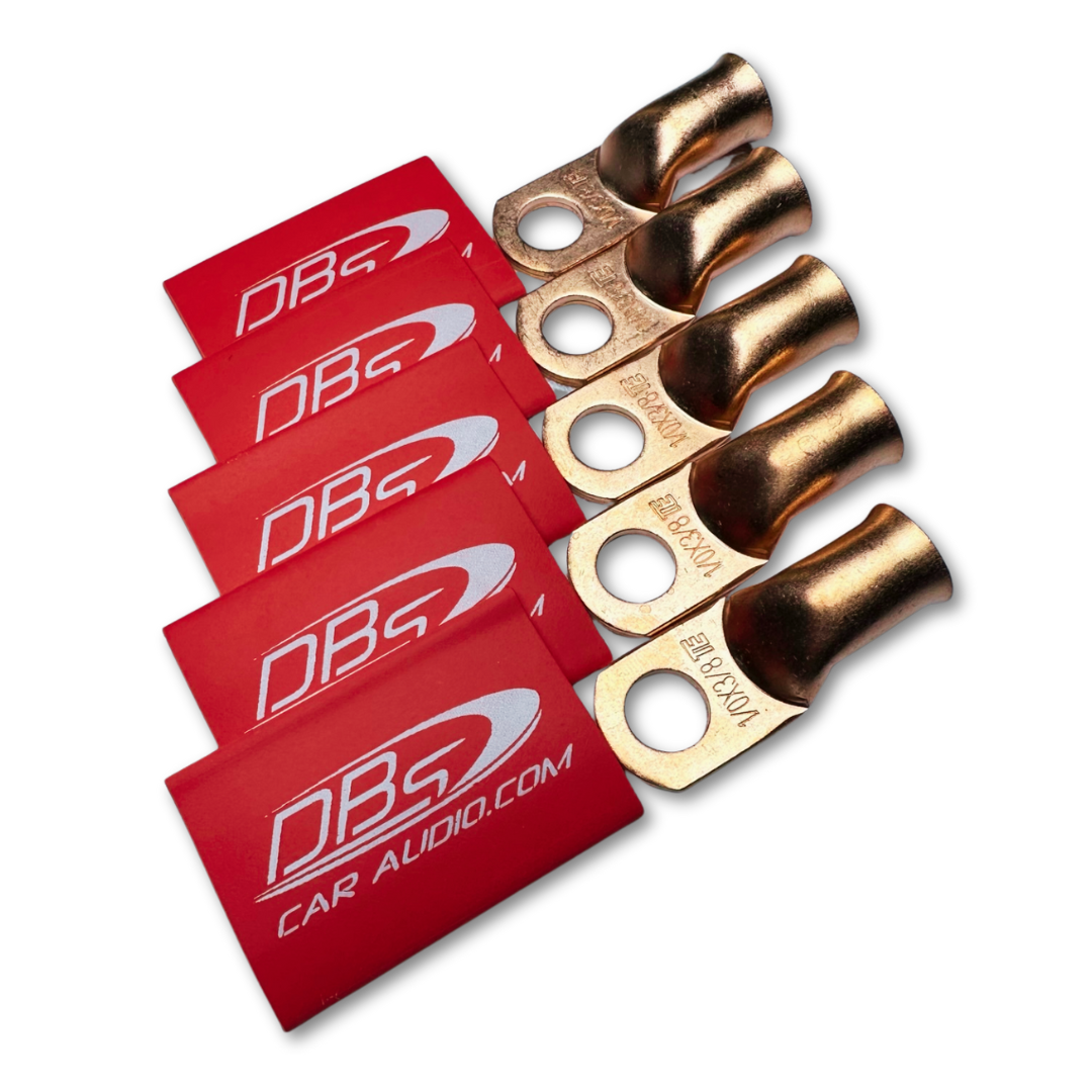 1/0 Gauge 100% OFC Copper Ring Terminal Lugs with 3/8" Hole - Red DBs Car Audio Heat Shrink - 10 Pieces