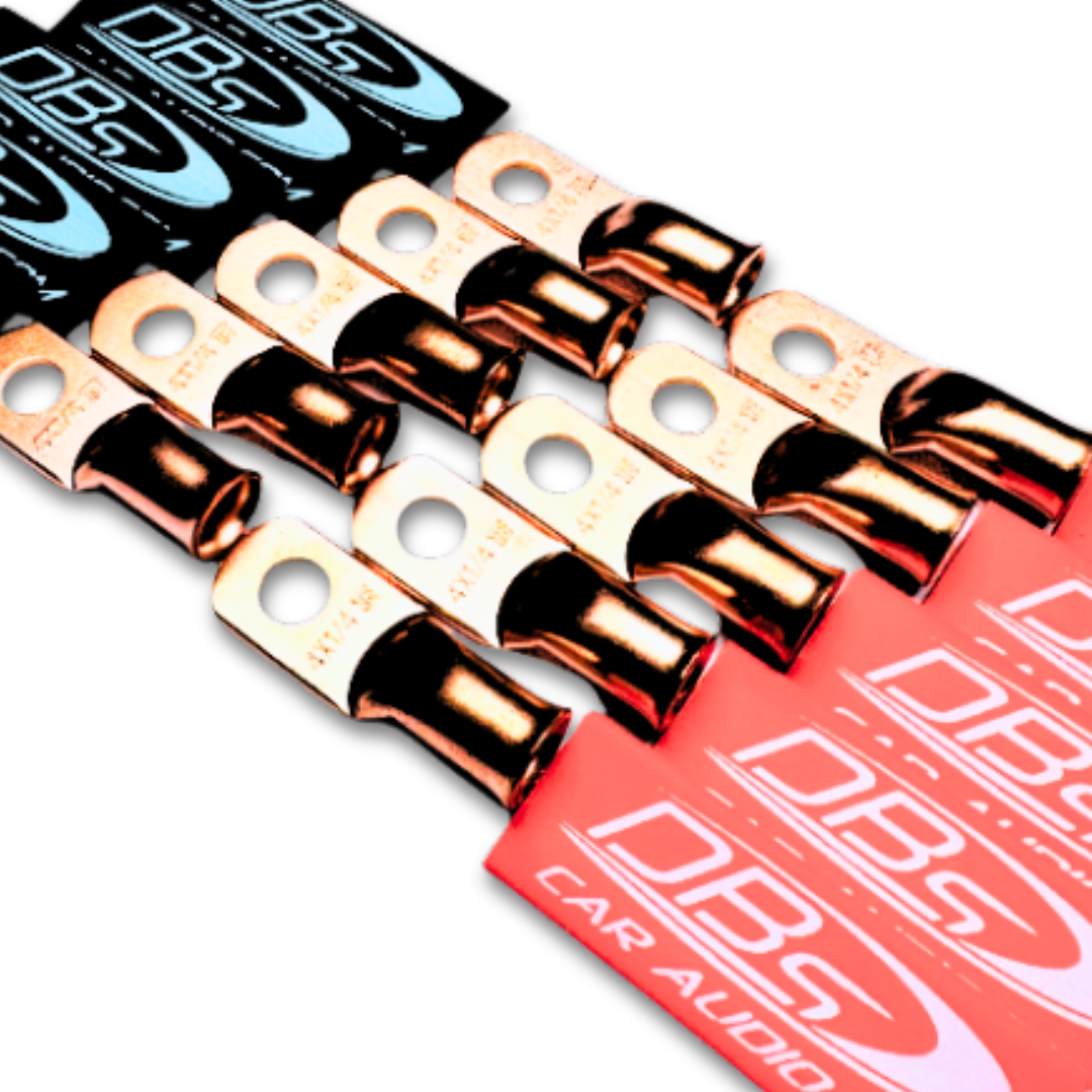 Terminales de anillo de cobre 100% OFC de calibre 4 con orificio de 1/4" - Termocontraíbles para audio de automóvil DBs rojo y negro - 20 piezas