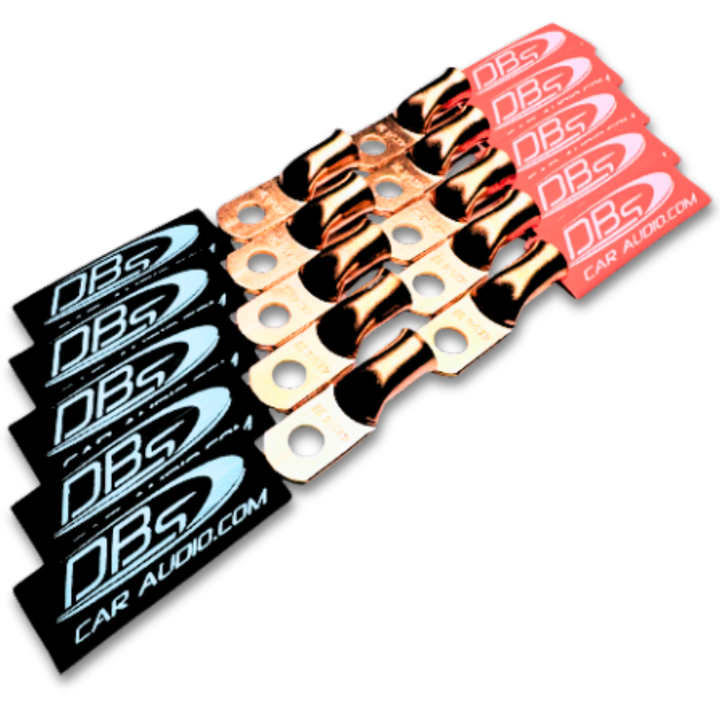 Terminales de anillo de cobre 100% OFC de calibre 4 con orificio de 1/4" - Termocontraíbles para audio de automóvil DBs rojo y negro - 20 piezas