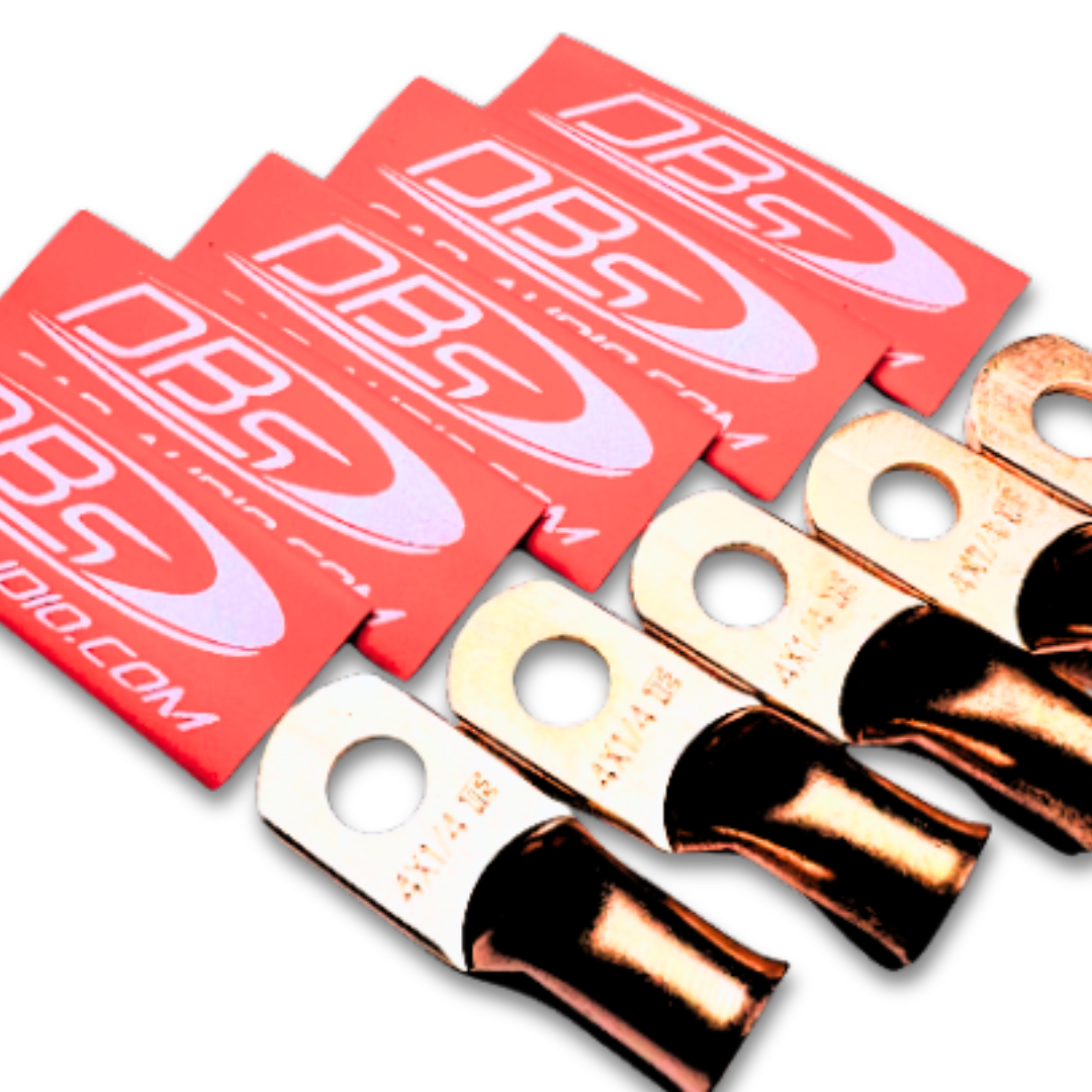 Terminales de anillo de cobre 100% OFC de calibre 4 con orificio de 1/4" - Termocontraíble para audio de automóvil DBs rojo - 10 piezas