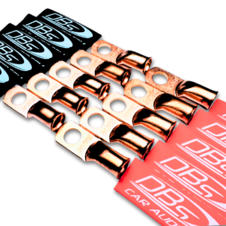 Terminales de anillo de cobre 100% OFC de calibre 4 con orificio de 5/16" - Termocontraíbles para audio de automóvil DBs rojo y negro - 20 piezas