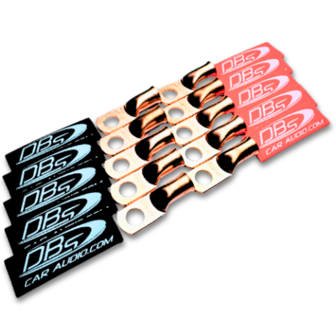 Terminales de anillo de cobre 100% OFC de calibre 4 con orificio de 5/16" - Termocontraíbles para audio de automóvil DBs rojo y negro - 20 piezas