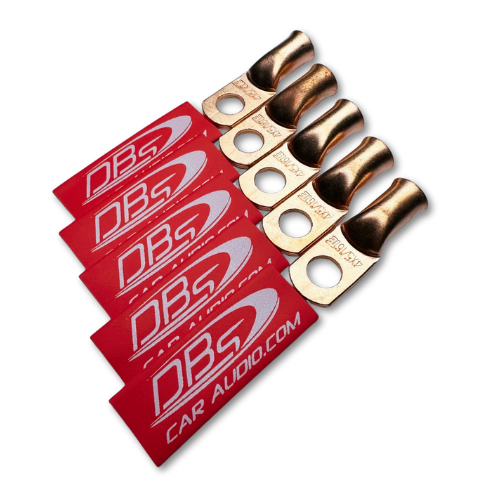 4 Gauge 100% OFC Copper Ring Terminal Lugs with 5/16" Hole - Red DBs Car Audio Heat Shrink - 10 Pieces