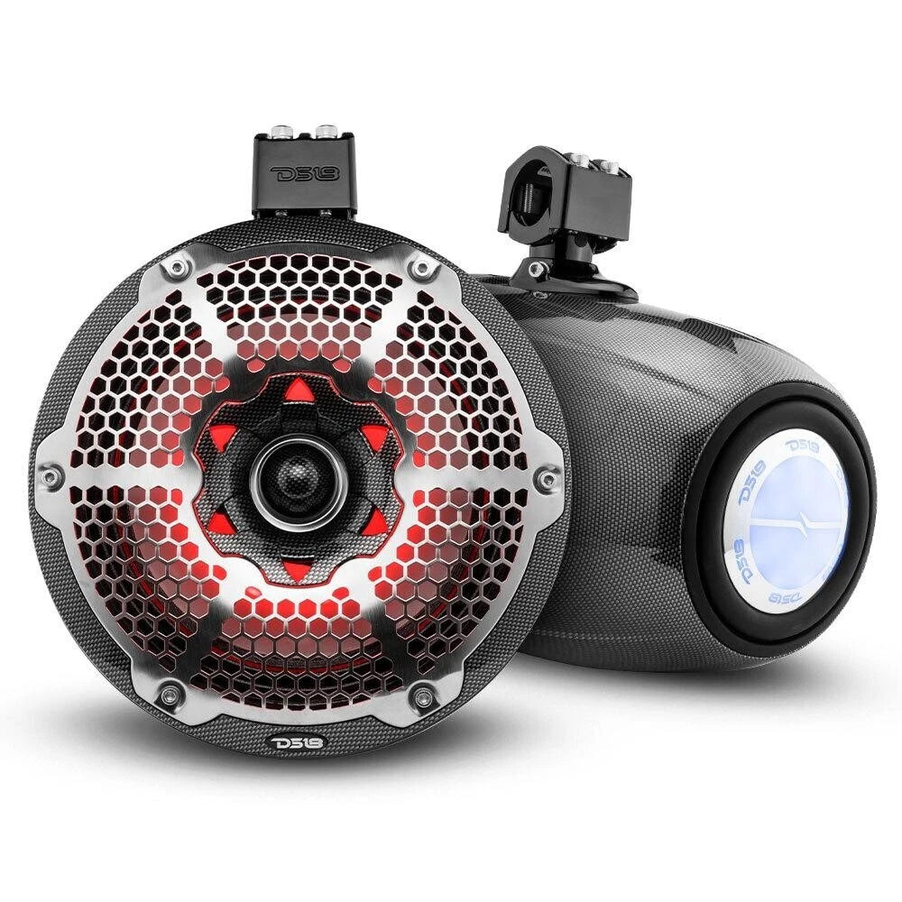 DS18 CF-X10TPNEO Torres marinas de neodimio de fibra de carbono de 10" con luces LED RGB incorporadas - 300 vatios Rms 4 ohmios