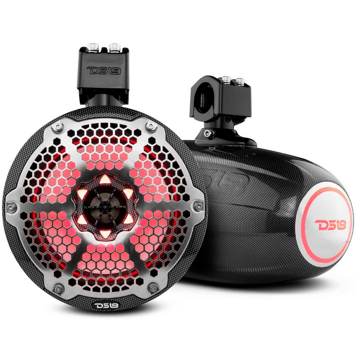 DS18 CF-X8TP Cápsulas de altavoces tipo torre marina de fibra de carbono de 8" con luces LED RGB integradas - 125 vatios Rms 4 ohmios