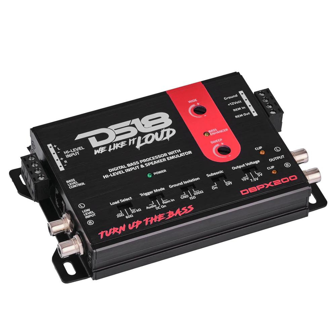 Procesador de graves digital DS18 DBPX200 de 2 canales con convertidor de señal alta a baja, emulador de altavoz y control remoto con cable