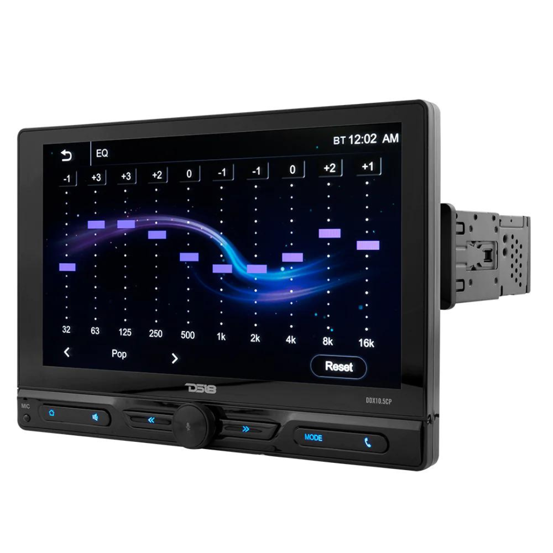 DS18 DDX10.5CP Single-Din Radio with 10.5" Floating Touchscreen and Bluetooth, Apple Car Play, Android Mirror Link, USB, AUX, SD