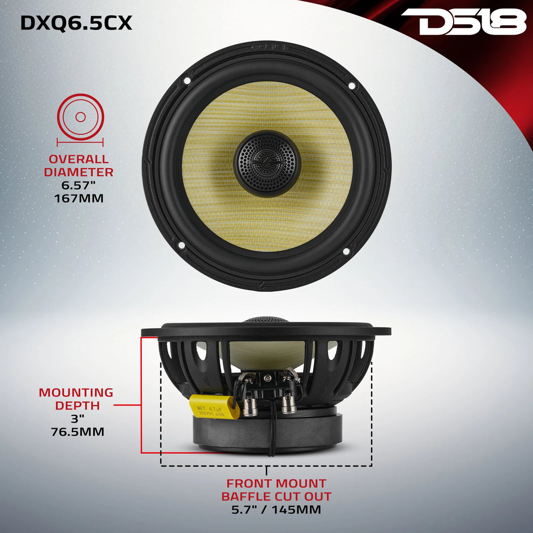 DS18 DXQ 6.5" Coaxial Speakers with Yellow Straw Cone - 150 Watts Rms 4-ohm