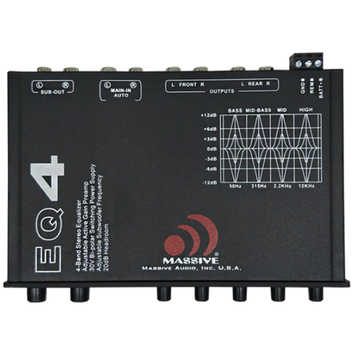 Massive Audio EQ4 In-dash 4-Band Graphic Equalizer with Subwoofer Control Knob and 8 Volt Rca Outputs