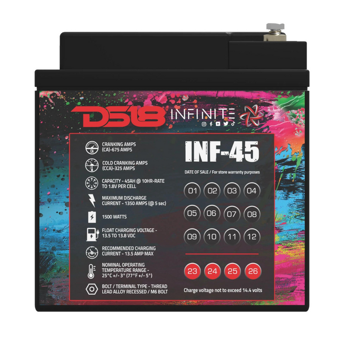 DS18 INF-45AH Batería de audio para automóvil AGM de 12 voltios - 1500 vatios Rms | 45Ah