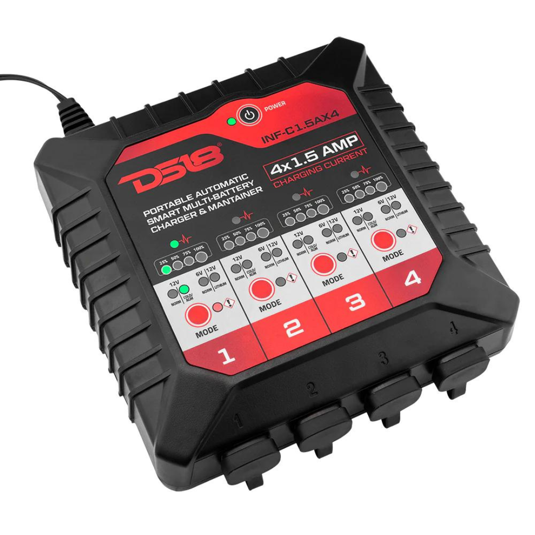 DS18 INF-C1.5AX4 6 o 12 voltios Smart 4x 1.5A Mantenedor y cargador de batería de automóvil - Compatible con plomo-ácido, húmedo, gel, AGM y litio (LiFePO4)
