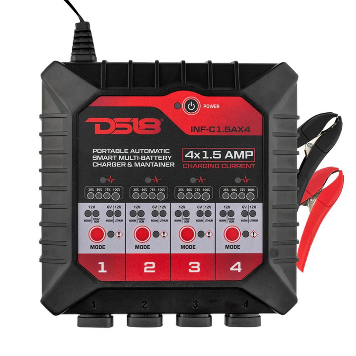DS18 INF-C1.5AX4 6 o 12 voltios Smart 4x 1.5A Mantenedor y cargador de batería de automóvil - Compatible con plomo-ácido, húmedo, gel, AGM y litio (LiFePO4)