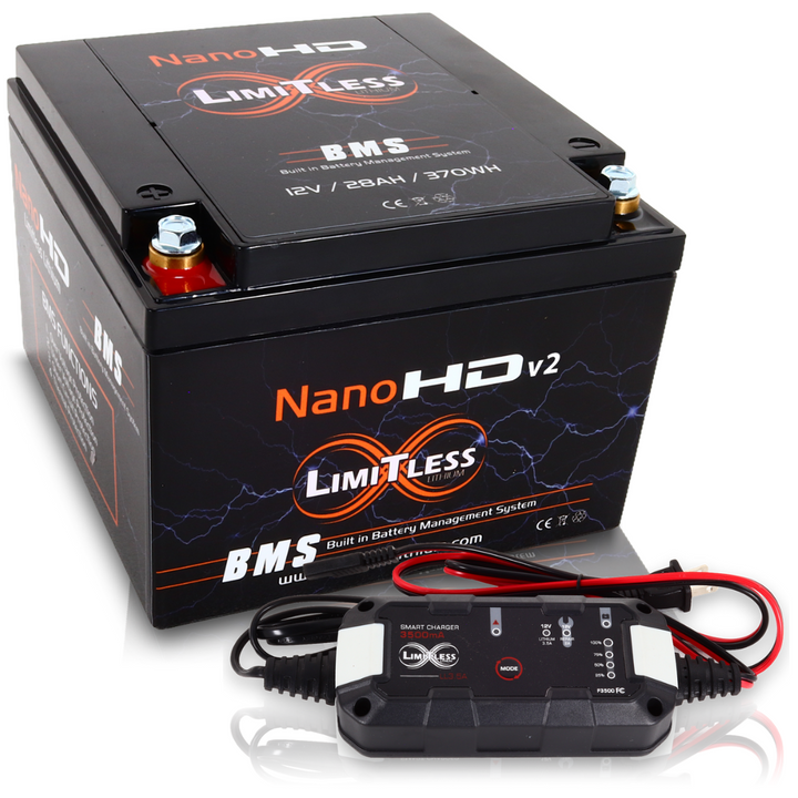 Limitless NHD-30AH Lithium Battery with Maintainer for Motorcycles & Powersports - 5,500 - 6,000 Watts Rms | 30Ah