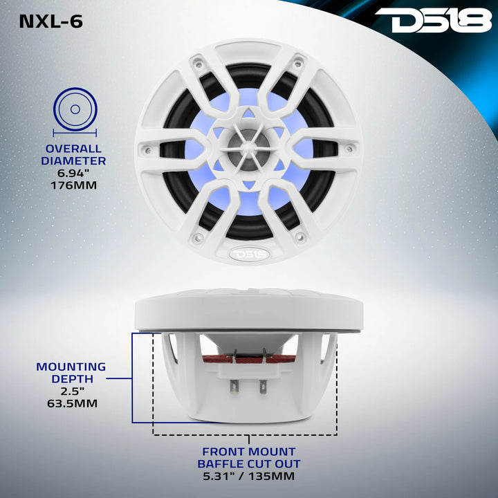 DS18 NXL-6 Altavoces marinos coaxiales blancos de 6,5" con luces LED RGB - 100 vatios Rms 4 ohmios