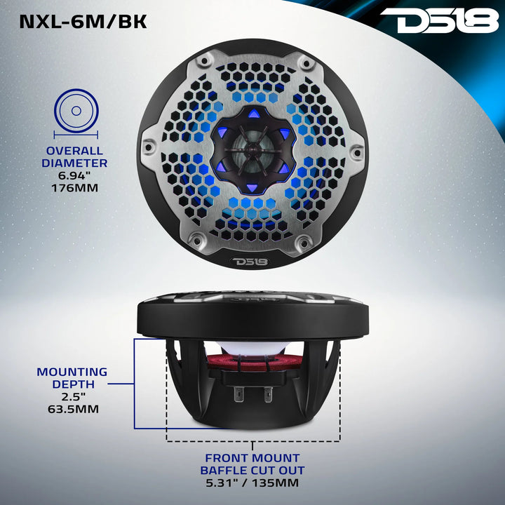 Altavoces coaxiales marinos DS18 NXL-6M/BK de 6,5" con tweeters integrados y luces LED RGB - 100 vatios Rms 4 ohmios