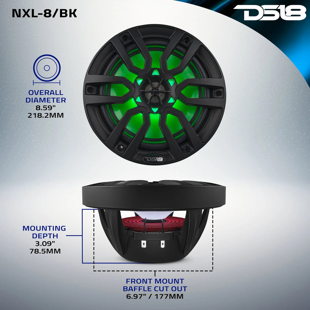 DS18 NXL-8BK Altavoces coaxiales marinos de 8" con tweeters integrados y luces LED RGB - 125 vatios Rms 4 ohmios