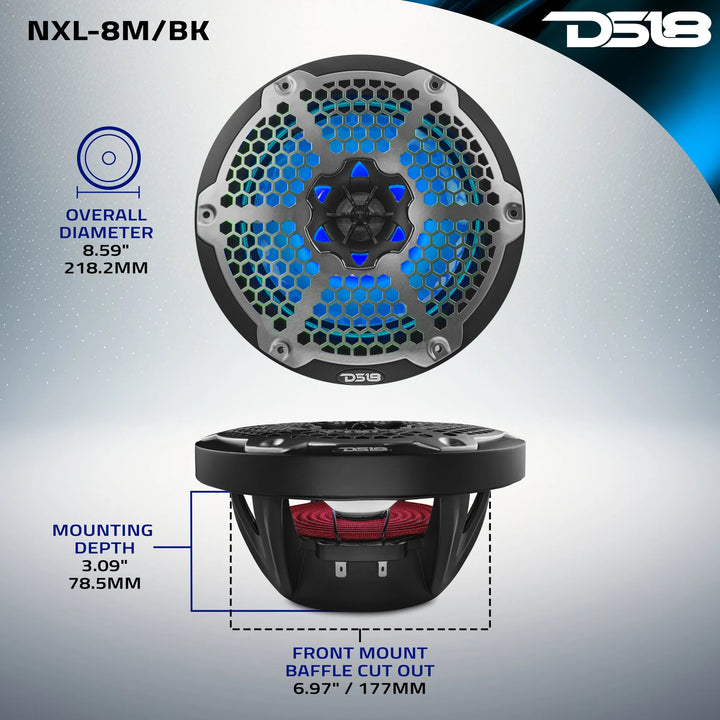 DS18 NXL-8M/BK Altavoces coaxiales marinos de 8" con tweeters integrados y luces LED RGB - 125 vatios Rms 4 ohmios