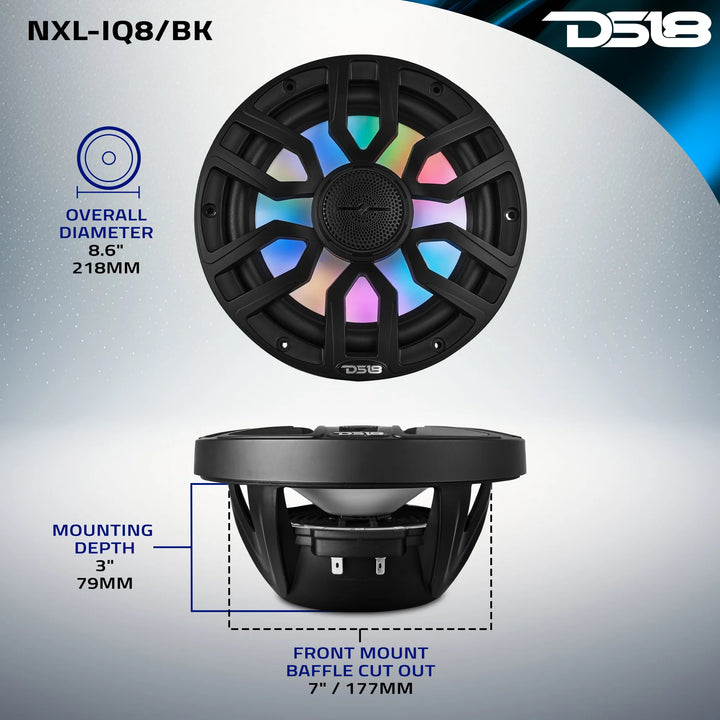 DS18 NXL-IQ8/BK 8" 2-Way Marine Speakers with LEDs - 175 Watts Rms 4-ohm