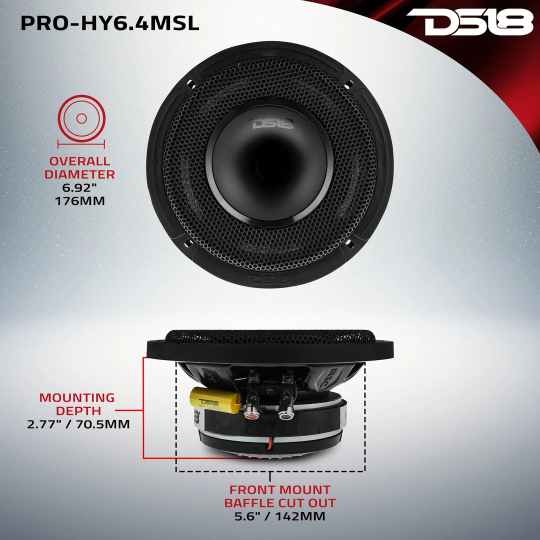 DS18 PRO-HY6.4MSL Altavoz de 2 vías de montaje superficial de 6,5" con bobina móvil de 1,5" y controlador de compresión incorporado - 150 vatios Rms 4 ohmios