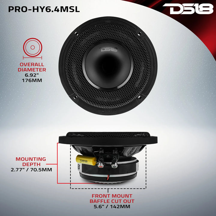 DS18 PRO-HY6.4MSL Altavoz de 2 vías de montaje superficial de 6,5" con bobina móvil de 1,5" y controlador de compresión incorporado - 150 vatios Rms 4 ohmios