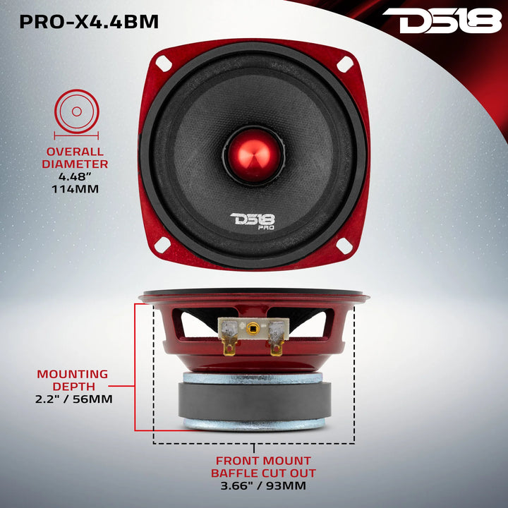 DS18 PRO-X4.4BM Altavoz de rango medio de 4" con bala de aluminio rojo y bobina móvil de 1" - 100 vatios Rms 4 ohmios