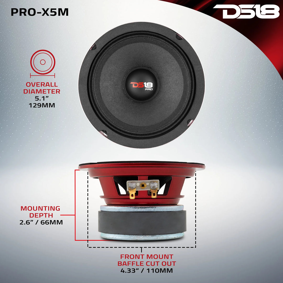 DS18 PRO-X5M Altavoz de rango medio de 5,25" con tapa antipolvo clásica y bobina móvil de 1,2" - 150 vatios Rms 8 ohmios