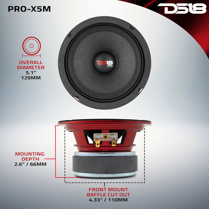 DS18 PRO-X5M Altavoz de rango medio de 5,25" con tapa antipolvo clásica y bobina móvil de 1,2" - 150 vatios Rms 8 ohmios