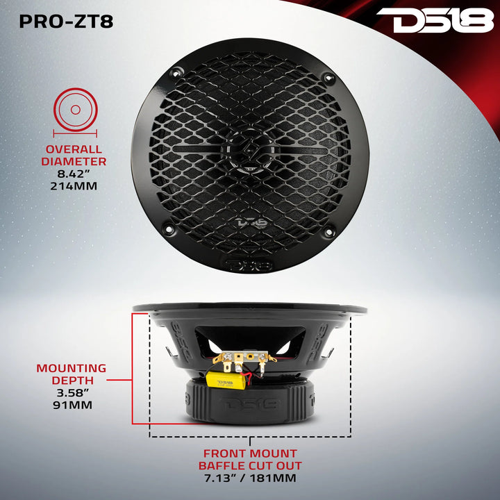 DS18 PRO-ZT8 Altavoz coaxial de 2 vías de 8" con tweeter tipo bala incorporado y bobina móvil de 1,5" - 275 vatios Rms 4 ohmios