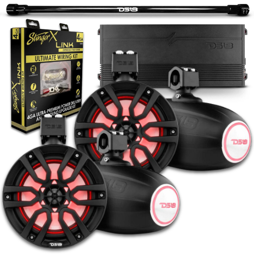 Tubo ajustable de 2" para montaje universal en cama - DS18 4 parlantes tipo torre negros NXL-X8TP de 8" con amplificador G3600.4D y kit de cableado de amplificador