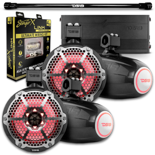 Tubo ajustable de 2" para montaje en cama universal - DS18 4 parlantes tipo torre de fibra de carbono CF-X8TP de 8" con amplificador G3600.4D y kit de cableado de amplificador
