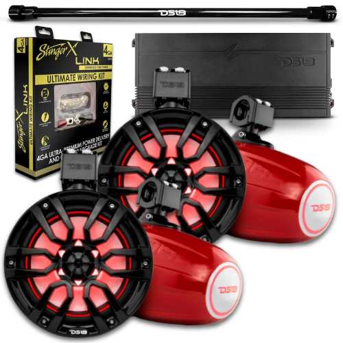 Tubo ajustable de 2" para montaje universal en cama - DS18 4x NXL-X8TP Altavoces de torre roja de 8" con amplificador G3600.4D y kit de cableado de amplificador