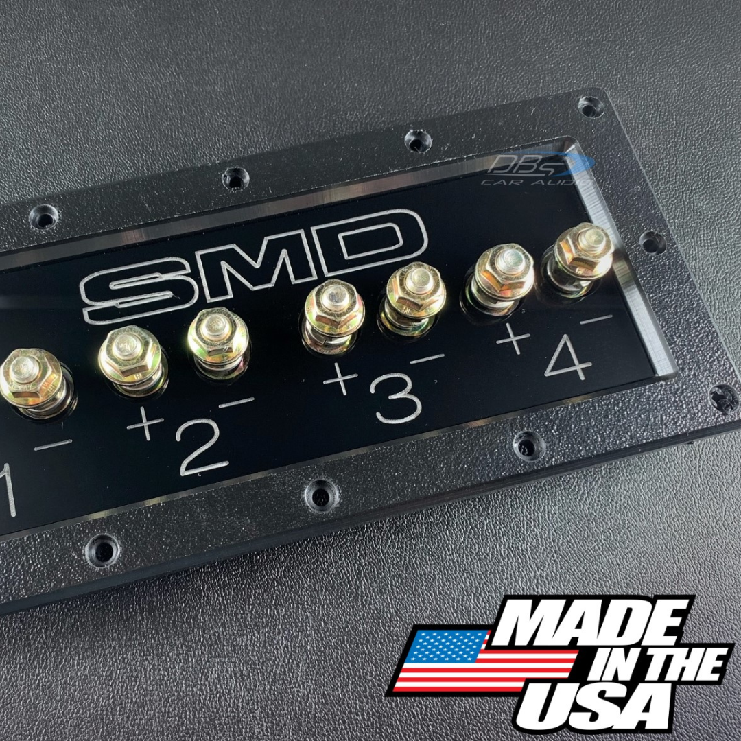 SMD 4-Channel Speaker Box Terminal Plate with Heavy-Duty Grade 8 Hardware and Black Acrylic Bezel
