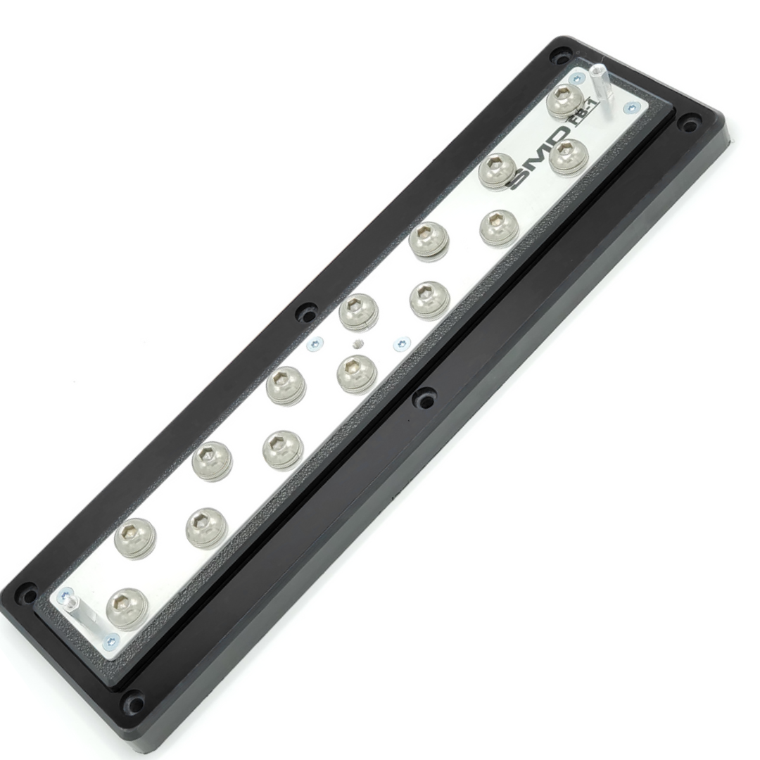 Bloque de distribución SMD completo de 14 puntos con barra colectora de aluminio pulido y cubierta acrílica transparente - Fabricado en EE. UU.