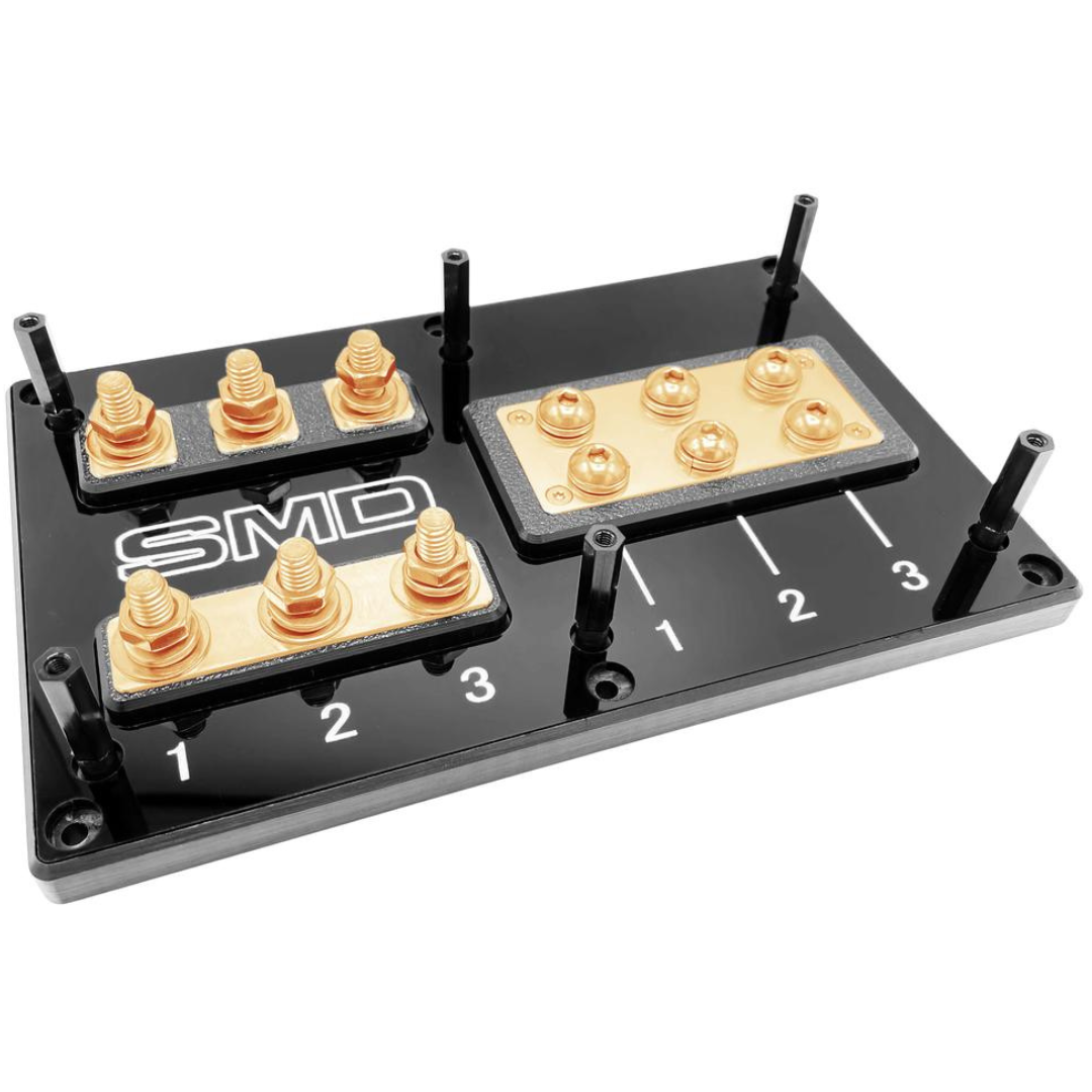 Bloque de distribución y fusible ANL SMD de 3 ranuras con hardware de cobre 100% libre de oxígeno y cubierta acrílica transparente, fabricado en los EE. UU.