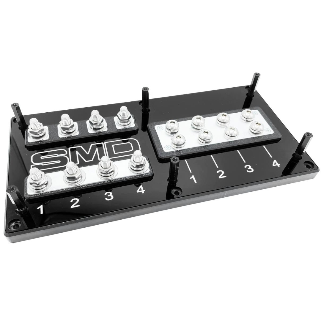 Bloque de distribución y fusible ANL SMD de 4 ranuras con herrajes de aluminio pulido y cubierta acrílica transparente, fabricado en EE. UU.