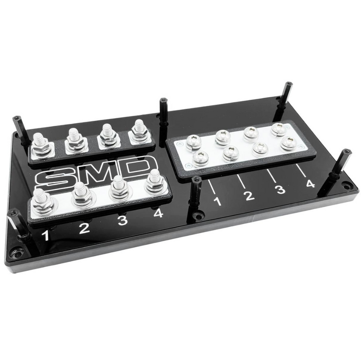 Bloque de distribución y fusible ANL SMD de 4 ranuras con herrajes de aluminio pulido y cubierta acrílica transparente, fabricado en EE. UU.