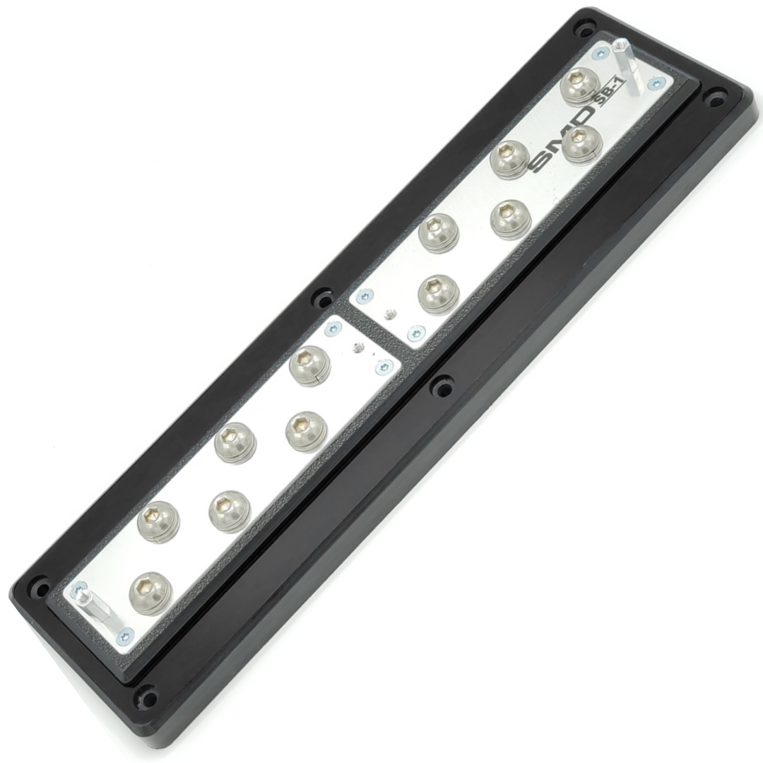 Bloque de distribución SMD Split de 12 puntos con herrajes de aluminio pulido y cubierta acrílica transparente, fabricado en EE. UU.