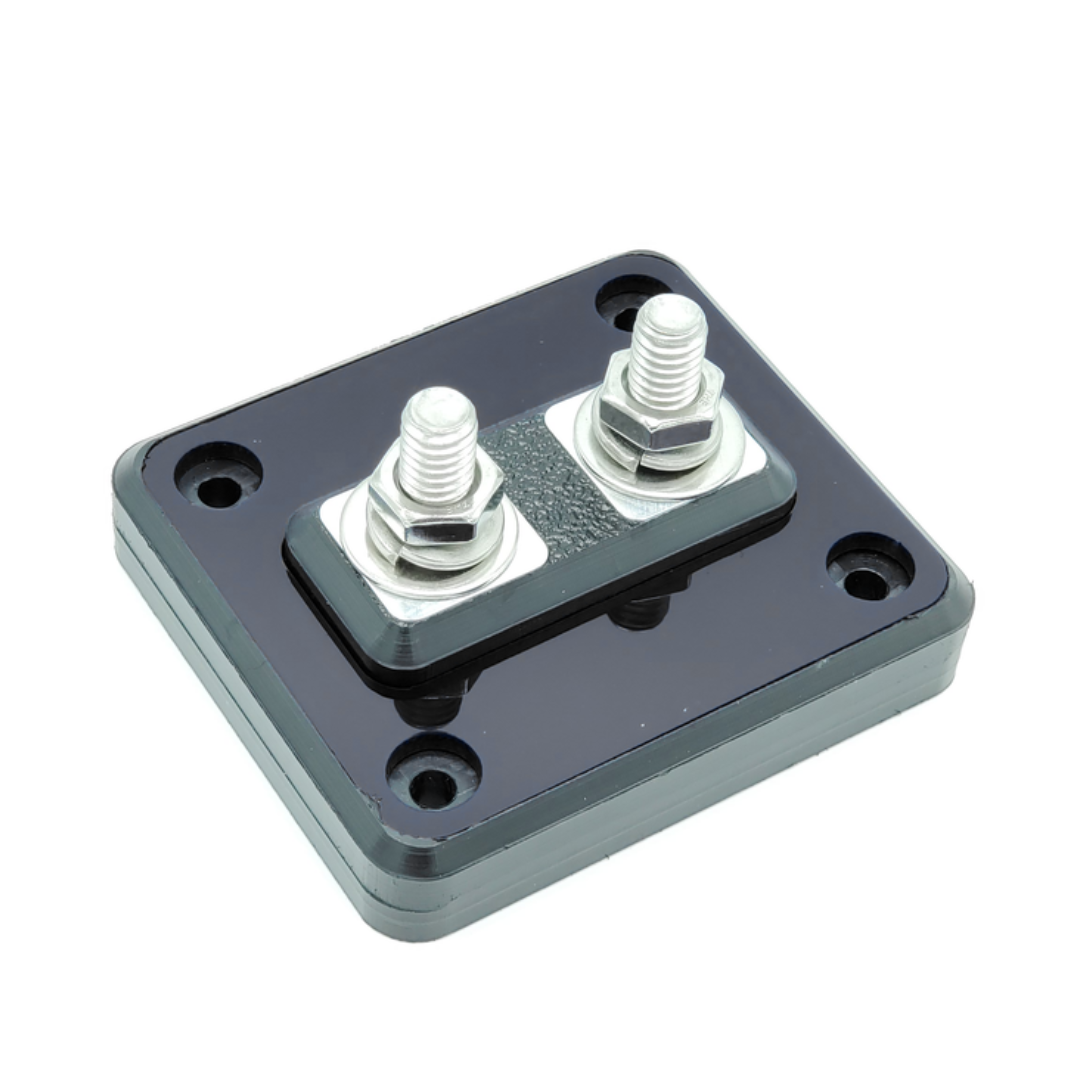 Bloque de distribución SMD UB-1.2 de 2 puntos divididos con herrajes de acero inoxidable/aluminio y cubierta acrílica transparente - Fabricado en EE. UU.